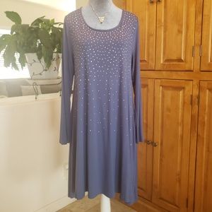 Nina Leonard Blue-Gray Jersey Scoop-Neck Silver Metal Sparkle Swing Dress-Large